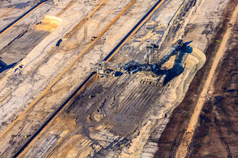 Aerial photograpy of Hoist crane in open-cast lignite mine Inden in the district Altdorf in Inden in the state North Rhine-Westphalia, Germany