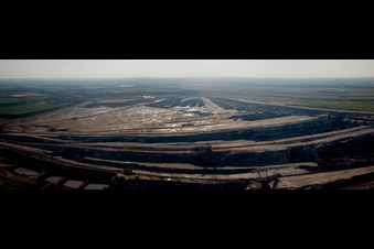 Aerial view of Dredging conveyor bridge in brown coal mine in Inden in the state North Rhine-Westphalia