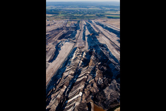 Dredging conveyor bridge in brown coal mine in Inden in the state North Rhine-Westphalia out of the air