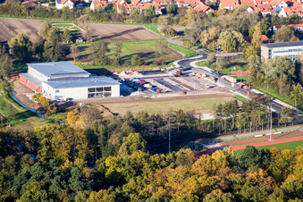 Bienwald Hall in Kandel in the state Rhineland-Palatinate, Germany from the plane