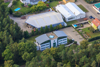Aerial view of Ship-hull-shaped house on Kandeler Straße in Rheinzabern in the state Rhineland-Palatinate, Germany
