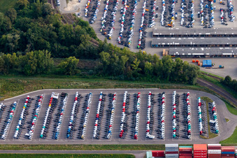 Parking place with new trucks on the premises of Daimler Automobilwerk Woerth in Woerth am Rhein in the state Rhineland-Palatinate, Germany