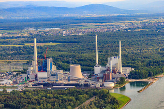 Aerial view of ENBW Rhine port steam power plant in the district Daxlanden in Karlsruhe in the state Baden-Wuerttemberg, Germany