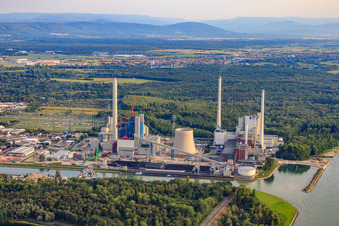 Aerial photograpy of ENBW Rhine port steam power plant in the district Daxlanden in Karlsruhe in the state Baden-Wuerttemberg, Germany