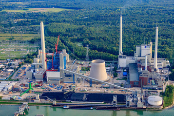Oblique view of ENBW Rhine port steam power plant in the district Daxlanden in Karlsruhe in the state Baden-Wuerttemberg, Germany