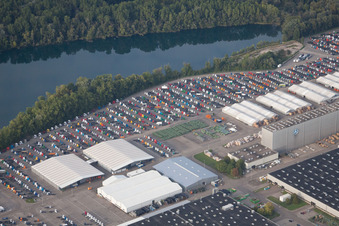 Aerial view of Daimler truck parking spaces in Wörth am Rhein in the state Rhineland-Palatinate, Germany