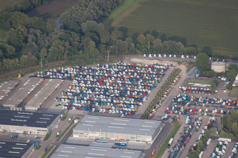 Aerial photograpy of Daimler truck parking spaces in Wörth am Rhein in the state Rhineland-Palatinate, Germany