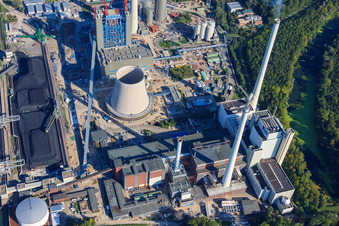ENBW Rhine port steam power plant in the district Daxlanden in Karlsruhe in the state Baden-Wuerttemberg, Germany from the plane