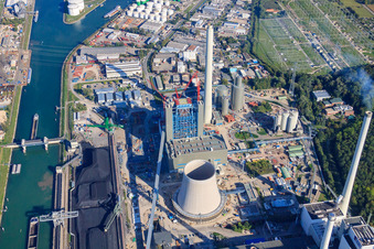 Bird's eye view of ENBW Rhine port steam power plant in the district Daxlanden in Karlsruhe in the state Baden-Wuerttemberg, Germany