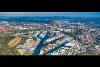 Panoramic view of the Rhine ports Karlsruhe from the west in the district Mühlburg in Karlsruhe in the state Baden-Wuerttemberg, Germany