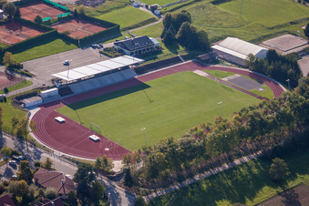 Sports grounds of SV-1899 eV Langensteinbach in the district Langensteinbach in Karlsbad in the state Baden-Wuerttemberg, Germany viewn from the air