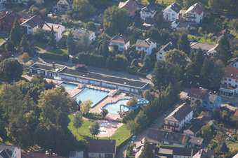 Aerial view of Outdoor pool in the district Langensteinbach in Karlsbad in the state Baden-Wuerttemberg, Germany