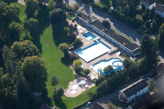 Aerial photograpy of Outdoor pool in the district Langensteinbach in Karlsbad in the state Baden-Wuerttemberg, Germany