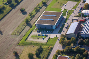 Oblique view of Ensemble of sports grounds of TC Langensteinbach and of Gymnasium Karlsbad in the district Langensteinbach in Karlsbad in the state Baden-Wurttemberg, Germany