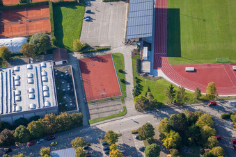 Sports grounds of SV-1899 eV Langensteinbach in the district Langensteinbach in Karlsbad in the state Baden-Wuerttemberg, Germany from a drone