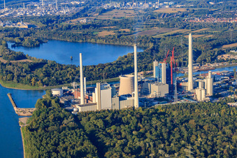 Drone recording of ENBW Rhine port steam power plant in the district Daxlanden in Karlsruhe in the state Baden-Wuerttemberg, Germany