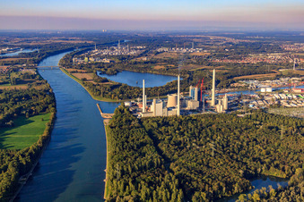 Drone image of ENBW Rhine port steam power plant in the district Daxlanden in Karlsruhe in the state Baden-Wuerttemberg, Germany