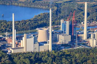 ENBW Rhine port steam power plant in the district Daxlanden in Karlsruhe in the state Baden-Wuerttemberg, Germany from the drone perspective