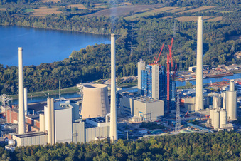 ENBW Rhine port steam power plant in the district Daxlanden in Karlsruhe in the state Baden-Wuerttemberg, Germany from a drone