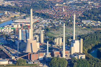 ENBW Rhine port steam power plant in the district Daxlanden in Karlsruhe in the state Baden-Wuerttemberg, Germany seen from a drone