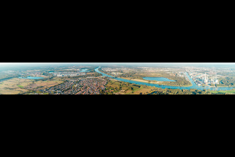Panoramic perspective of River - bridge construction across the Rhine in the district Maximiliansau in Woerth am Rhein in the state Rheinland-Pfalz, Germany