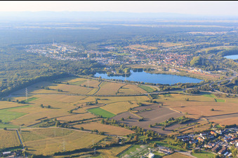 Aerial view of City view behind Schauffele Lake in Wörth am Rhein in the state Rhineland-Palatinate, Germany