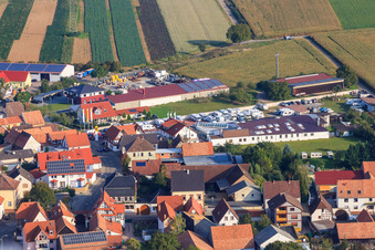Aerial view of Autohaus Frey GmbH & Co.KG and BURG-HAUS GmbH in Minfeld in the state Rhineland-Palatinate, Germany