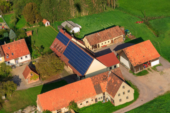 Aerial view of PV systems at Weinhaus Schowalter in the district Deutschhof in Kapellen-Drusweiler in the state Rhineland-Palatinate, Germany