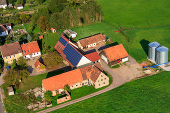 Aerial photograpy of PV systems at Weinhaus Schowalter in the district Deutschhof in Kapellen-Drusweiler in the state Rhineland-Palatinate, Germany