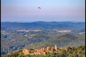 Aerial view of Paraglider over the Madenburg in Eschbach in the state Rhineland-Palatinate, Germany