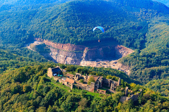 Paraglider over the Madenburg in Eschbach in the state Rhineland-Palatinate, Germany from above
