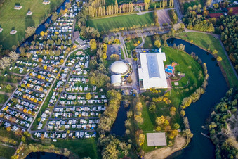 Aerial view of Camping at the Moby Dick leisure center in Rülzheim in the state Rhineland-Palatinate, Germany