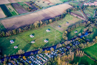 Oblique view of Mhou Ostrich Farm in Rülzheim in the state Rhineland-Palatinate, Germany