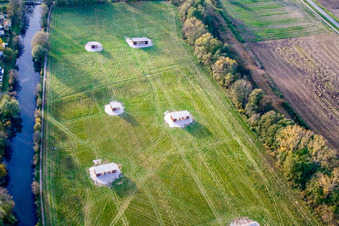 Mhou Ostrich Farm in Rülzheim in the state Rhineland-Palatinate, Germany from above