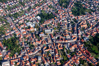 Aerial view of Church building in Old Town- center of downtown in Oestringen in the state Baden-Wurttemberg, Germany