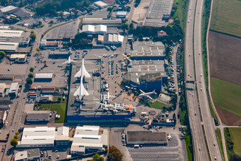 Aerial photograpy of Museum building ensemble Auto & Technik MUSEUM SINSHEIM in the district Steinsfurt in Sinsheim in the state Baden-Wurttemberg, Germany