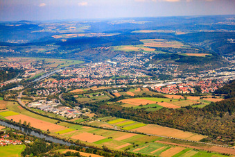 City view on the Neckar from the south in the district Neckarelz in Mosbach in the state Baden-Wuerttemberg, Germany