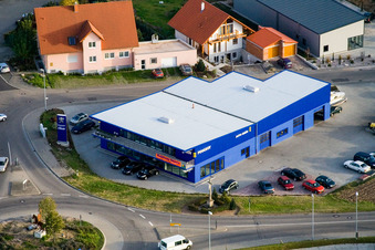 Aerial view of Nordring, Peugeot dealership Grün in Rülzheim in the state Rhineland-Palatinate, Germany