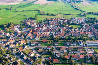 Village view from the north with Maria and Kilian Church in Mühlhausen in the state Bavaria, Germany