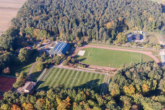 Aerial view of Sports grounds and football pitch TUS 08 Schaidt in the district Schaidt in Woerth am Rhein in the state Rhineland-Palatinate, Germany