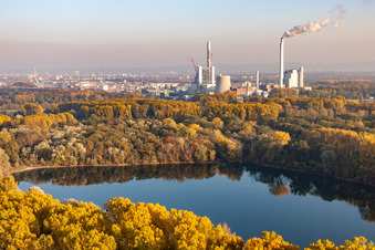 Aerial view of ENBW hard coal-fired power plant on the Rhine in the district Daxlanden in Karlsruhe in the state Baden-Wuerttemberg, Germany