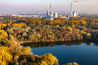 Aerial photograpy of ENBW hard coal-fired power plant on the Rhine in the district Daxlanden in Karlsruhe in the state Baden-Wuerttemberg, Germany