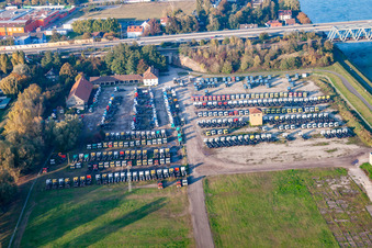 Aerial view of Truck storage in the district Maximiliansau in Wörth am Rhein in the state Rhineland-Palatinate, Germany