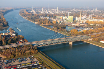 Rail and Street bridges construction across the Rhine river between Karlsruhe and Woerth am Rhein in the state Rhineland-Palatinate, Germany out of the air