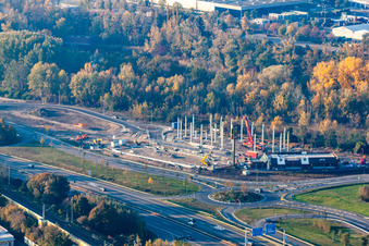 Aerial view of New construction of the building complex of the shopping center Maximilian-Center in the district Maximilian-Center in Woerth am Rhein in the state Rhineland-Palatinate, Germany