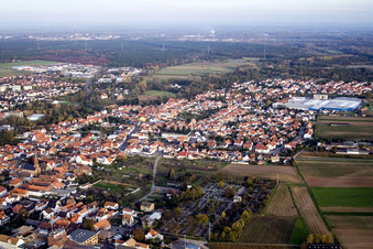 Aerial view of City view from the west in Bellheim in the state Rhineland-Palatinate, Germany