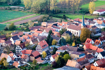 Main Street / Church Street with St. George in Knittelsheim in the state Rhineland-Palatinate, Germany