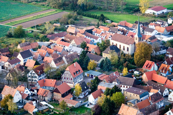 Aerial view of Main Street / Church Street with St. George in Knittelsheim in the state Rhineland-Palatinate, Germany