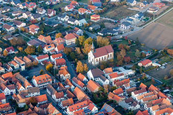 Aerial view of Church building of St. Bartholomew in Zeiskam in the state Rhineland-Palatinate, Germany