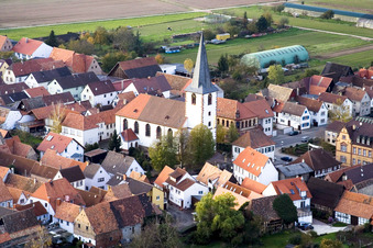 Aerial view of Church on Lange Straße in Ottersheim bei Landau in the state Rhineland-Palatinate, Germany